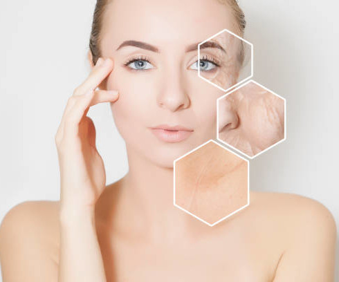 woman beauty face portrait with visualisation of old skin hexagons